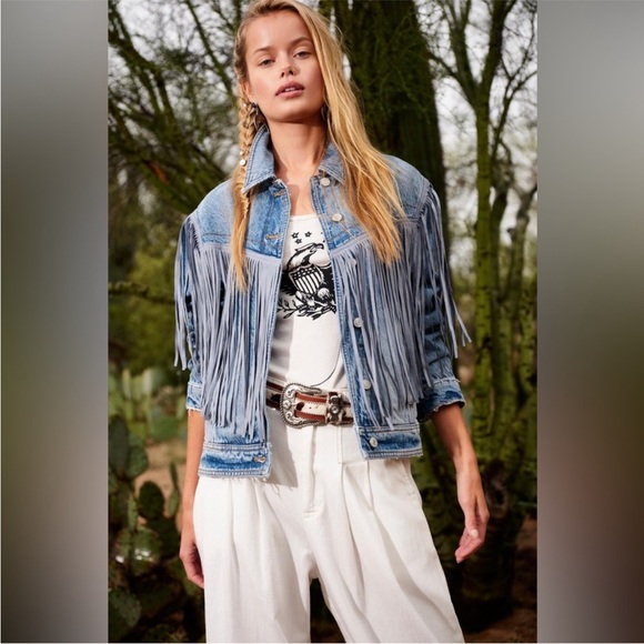 NWOT Free People We The Free After Hours Fringe Denim Trucker Jacket Womens l - Picture 5 of 9